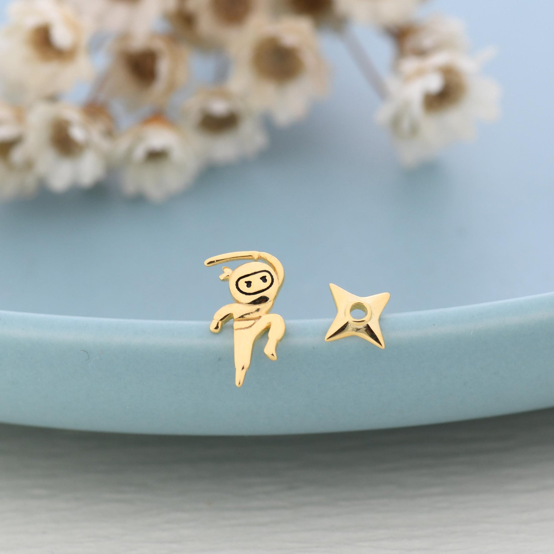 Tiny Mismatched Ninja and Ninja Shuriken Star Stud Earrings in Sterling Silver, Silver, Gold, Rose Gold or Black, Asymmetric Ninja Earrings