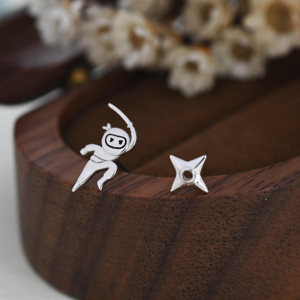 Tiny Mismatched Ninja and Ninja Shuriken Star Stud Earrings in Sterling Silver, Silver, Gold, Rose Gold or Black, Asymmetric Ninja Earrings