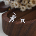 Tiny Mismatched Ninja and Ninja Shuriken Star Stud Earrings in Sterling Silver, Silver, Gold, Rose Gold or Black, Asymmetric Ninja Earrings