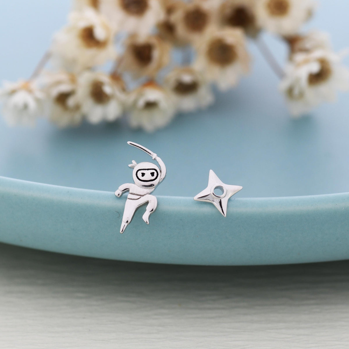 Tiny Mismatched Ninja and Ninja Shuriken Star Stud Earrings in Sterling Silver, Silver, Gold, Rose Gold or Black, Asymmetric Ninja Earrings