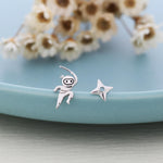 Tiny Mismatched Ninja and Ninja Shuriken Star Stud Earrings in Sterling Silver, Silver, Gold, Rose Gold or Black, Asymmetric Ninja Earrings