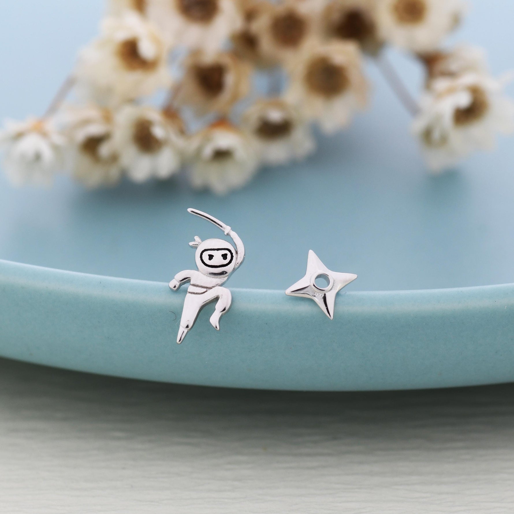 Tiny Mismatched Ninja and Ninja Shuriken Star Stud Earrings in Sterling Silver, Silver, Gold, Rose Gold or Black, Asymmetric Ninja Earrings