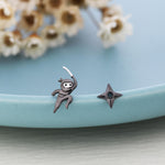 Tiny Mismatched Ninja and Ninja Shuriken Star Stud Earrings in Sterling Silver, Silver, Gold, Rose Gold or Black, Asymmetric Ninja Earrings