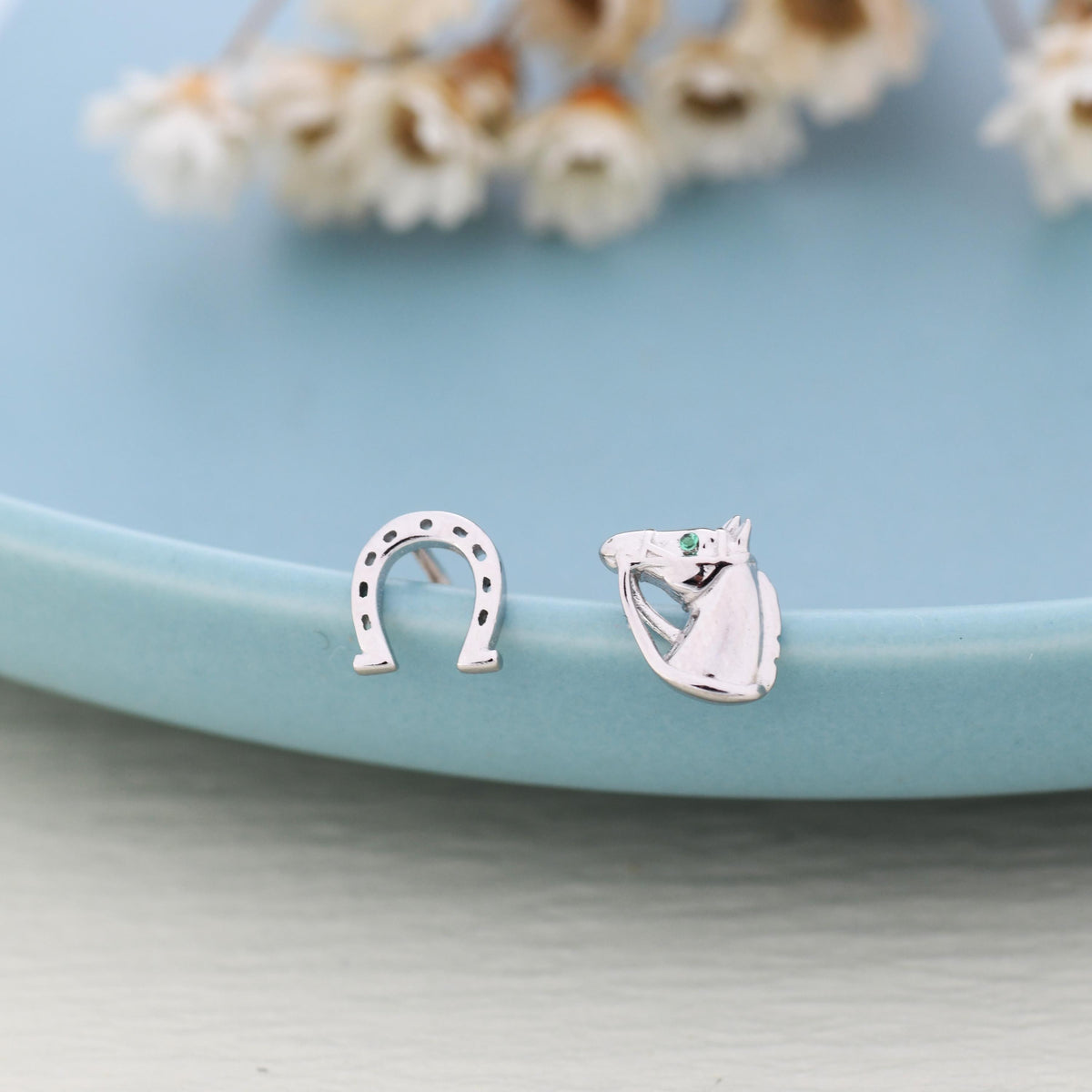 Mismatched Horse Head and Horseshoe Stud Earrings in Sterling Silver, Silver or Gold, Tiny Asymmetric Horse and Horse Shoe Earrings