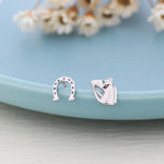 Mismatched Horse Head and Horseshoe Stud Earrings in Sterling Silver, Silver or Gold, Tiny Asymmetric Horse and Horse Shoe Earrings
