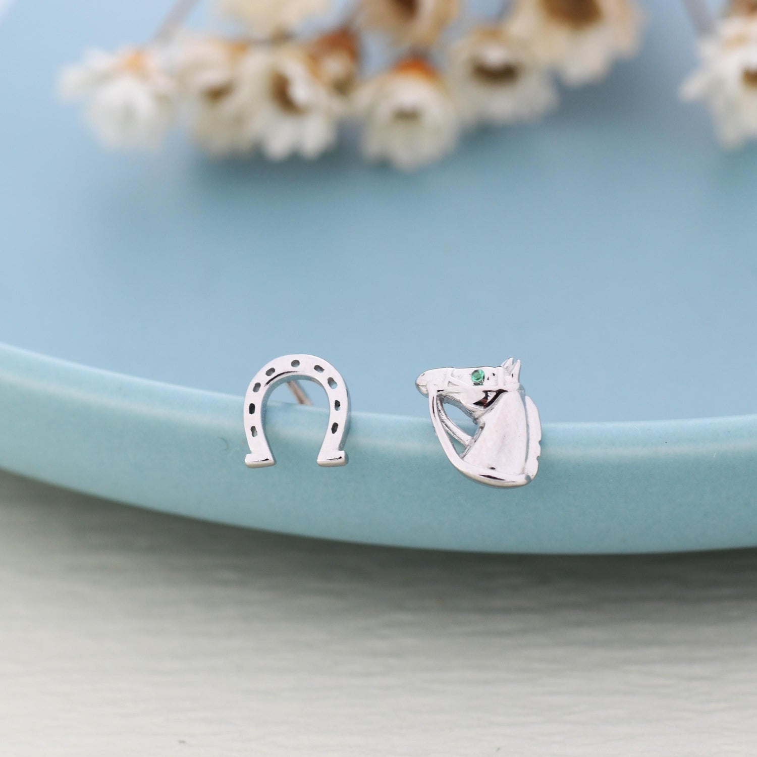 Mismatched Horse Head and Horseshoe Stud Earrings in Sterling Silver, Silver or Gold, Tiny Asymmetric Horse and Horse Shoe Earrings