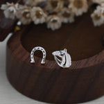 Mismatched Horse Head and Horseshoe Stud Earrings in Sterling Silver, Silver or Gold, Tiny Asymmetric Horse and Horse Shoe Earrings