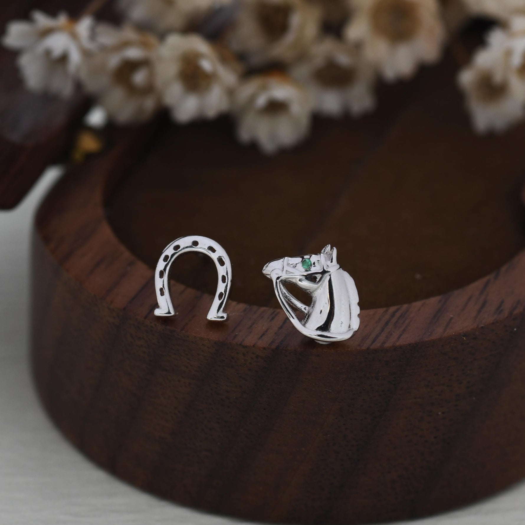 Mismatched Horse Head and Horseshoe Stud Earrings in Sterling Silver, Silver or Gold, Tiny Asymmetric Horse and Horse Shoe Earrings