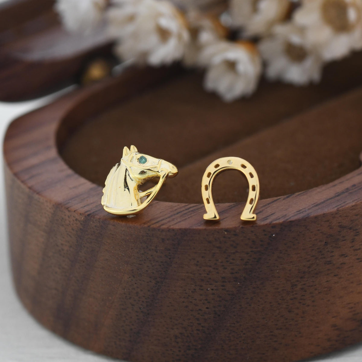 Mismatched Horse Head and Horseshoe Stud Earrings in Sterling Silver, Silver or Gold, Tiny Asymmetric Horse and Horse Shoe Earrings