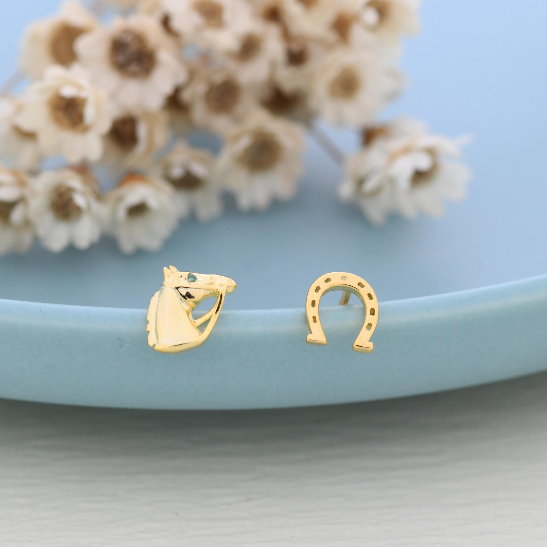 Mismatched Horse Head and Horseshoe Stud Earrings in Sterling Silver, Silver or Gold, Tiny Asymmetric Horse and Horse Shoe Earrings