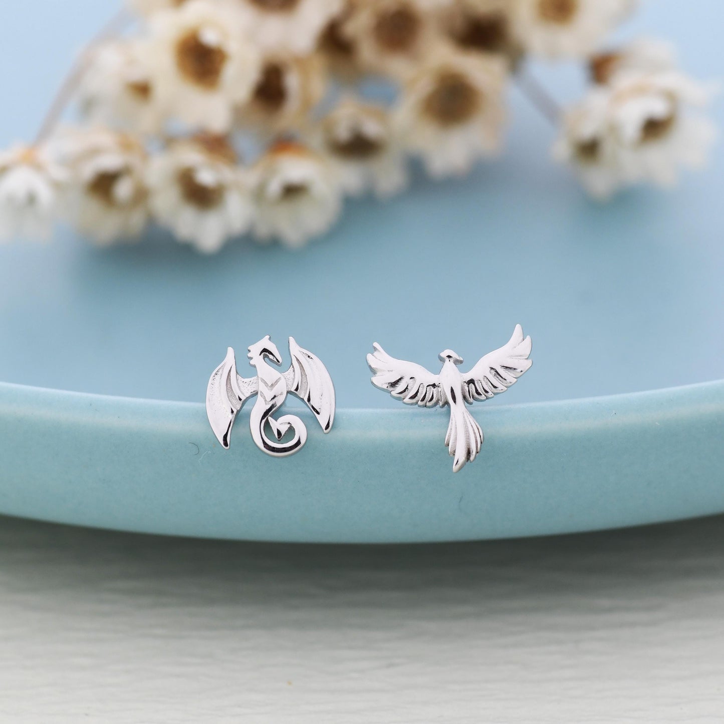 Mismatched Dragon and Phoenix Stud Earrings in Sterling Silver, Silver or Gold, Asymmetric Phoenix and Dragon Stud Earrings