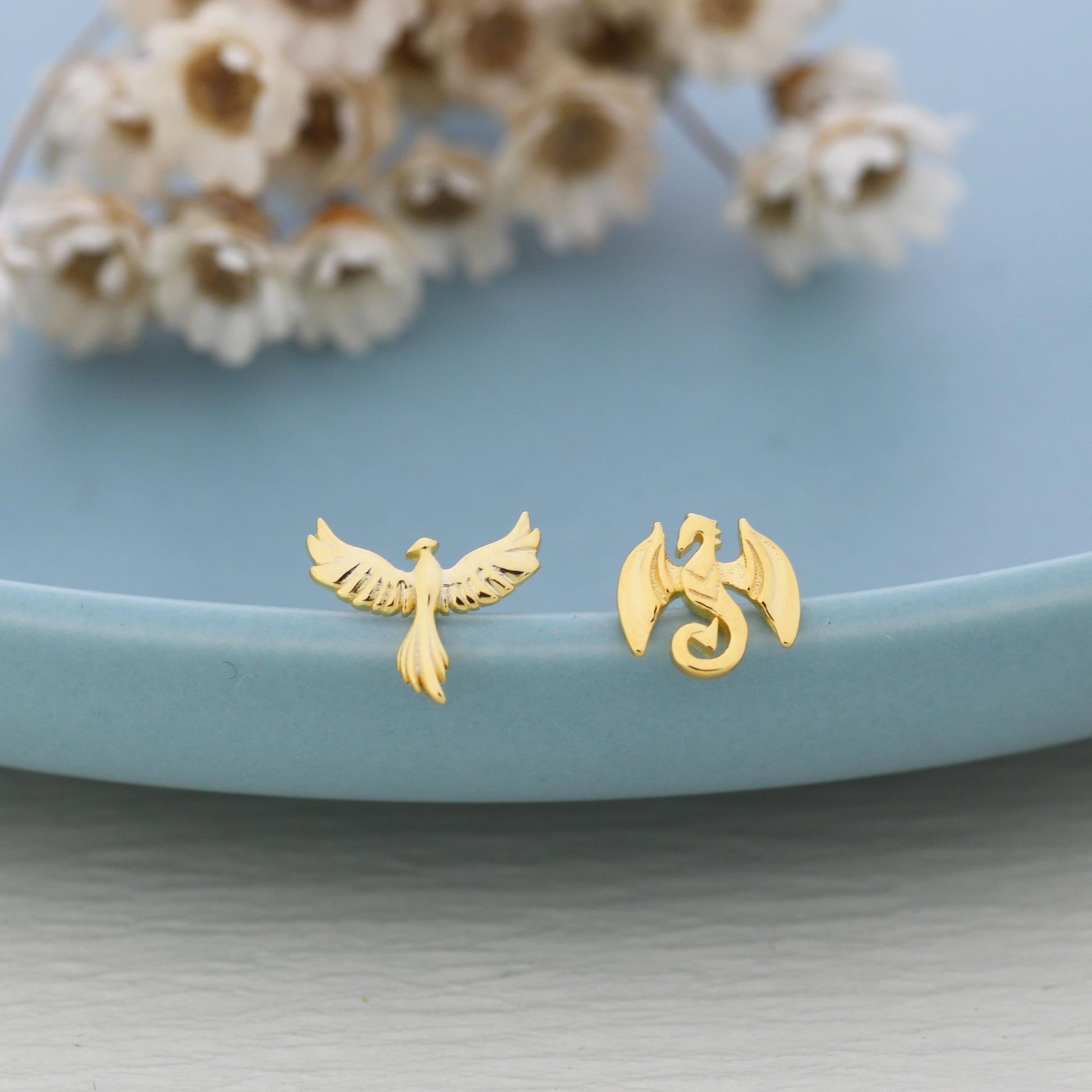 Mismatched Dragon and Phoenix Stud Earrings in Sterling Silver, Silver or Gold, Asymmetric Phoenix and Dragon Stud Earrings