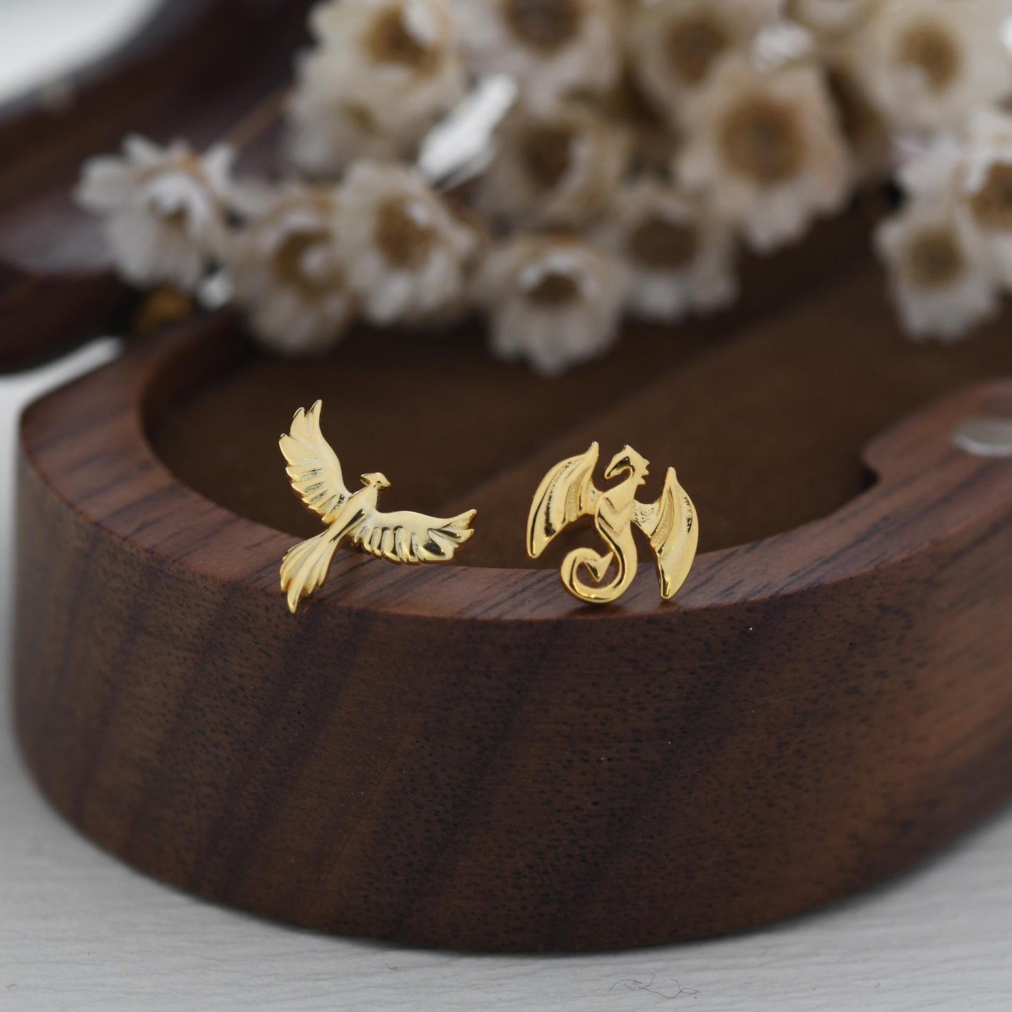 Mismatched Dragon and Phoenix Stud Earrings in Sterling Silver, Silver or Gold, Asymmetric Phoenix and Dragon Stud Earrings