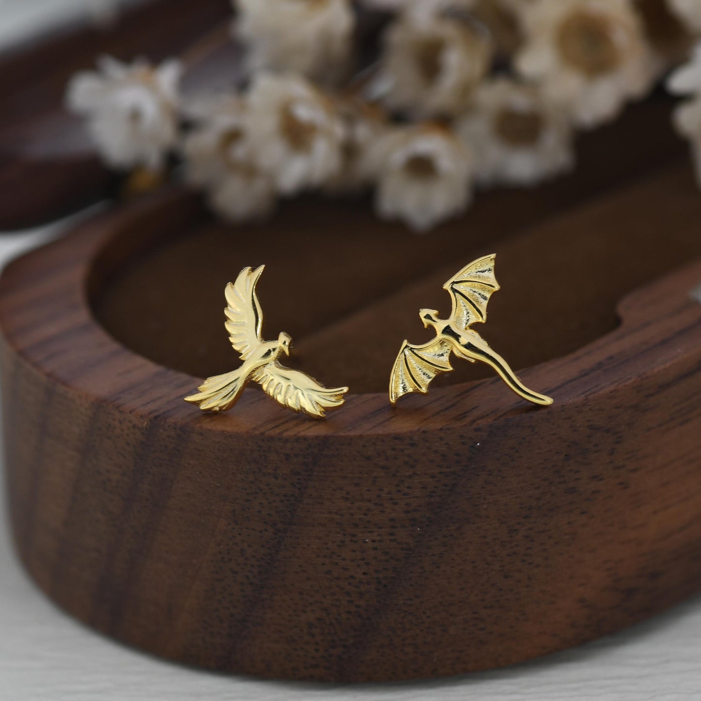 Extra Tiny Mismatched Dragon and Phoenix Stud Earrings in Sterling Silver, Silver or Gold, Asymmetric Phoenix and Dragon Stud Earrings