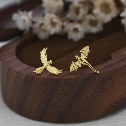 Extra Tiny Mismatched Dragon and Phoenix Stud Earrings in Sterling Silver, Silver or Gold, Asymmetric Phoenix and Dragon Stud Earrings