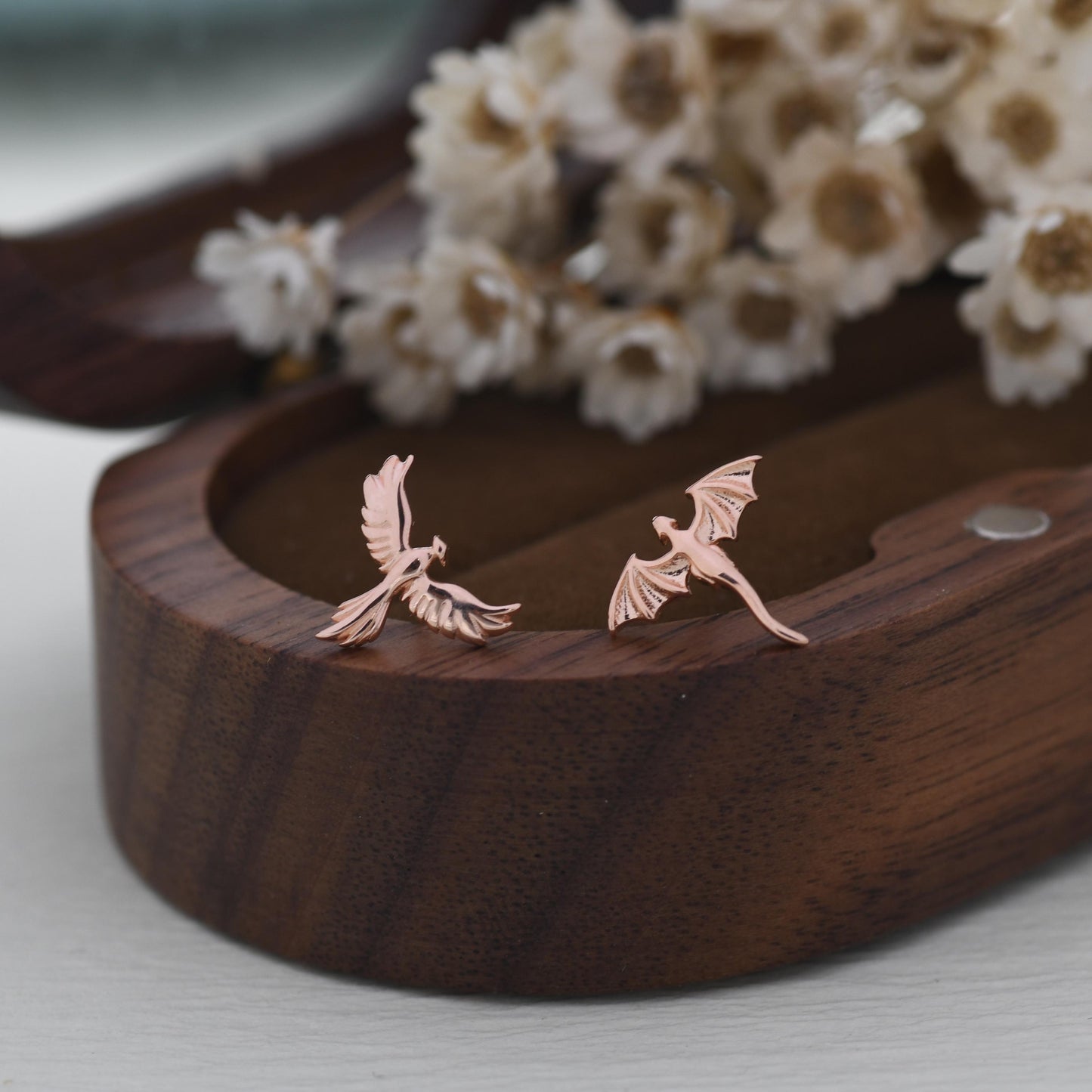 Extra Tiny Mismatched Dragon and Phoenix Stud Earrings in Sterling Silver, Silver or Gold, Asymmetric Phoenix and Dragon Stud Earrings