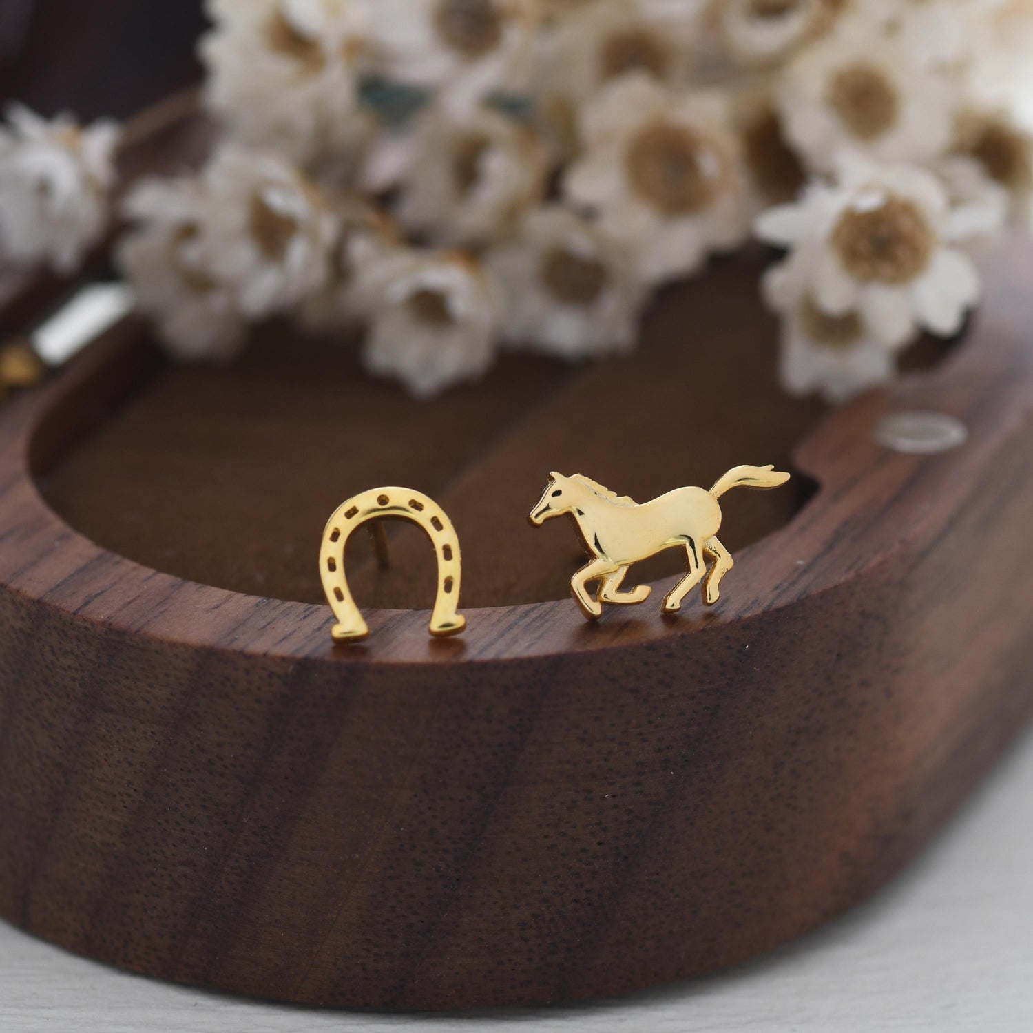 Tiny Mismatched Running Horse and Horseshoe Stud Earrings in Sterling Silver, Asymmetric Horse Shoe Stud, Horse Shoe Earrings