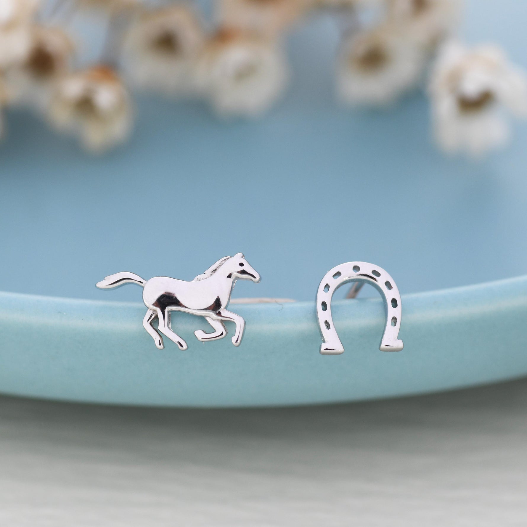 Tiny Mismatched Running Horse and Horseshoe Stud Earrings in Sterling Silver, Asymmetric Horse Shoe Stud, Horse Shoe Earrings
