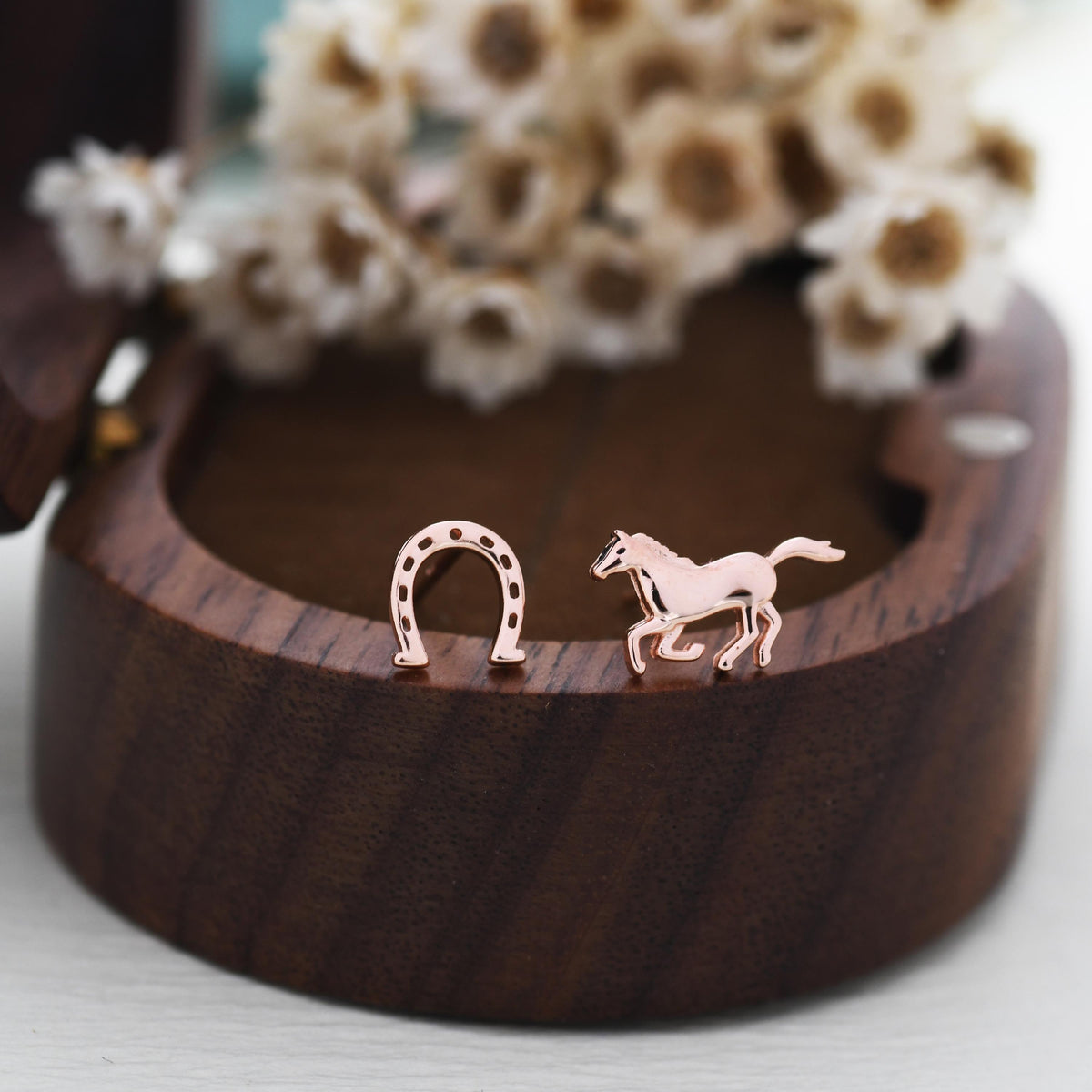 Tiny Mismatched Running Horse and Horseshoe Stud Earrings in Sterling Silver, Asymmetric Horse Shoe Stud, Horse Shoe Earrings