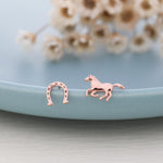 Tiny Mismatched Running Horse and Horseshoe Stud Earrings in Sterling Silver, Asymmetric Horse Shoe Stud, Horse Shoe Earrings