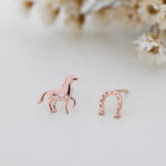 Very Tiny Mismatched Running Horse and Horseshoe Stud Earrings in Sterling Silver, Asymmetric Horse Shoe Stud, Horse Shoe Earrings