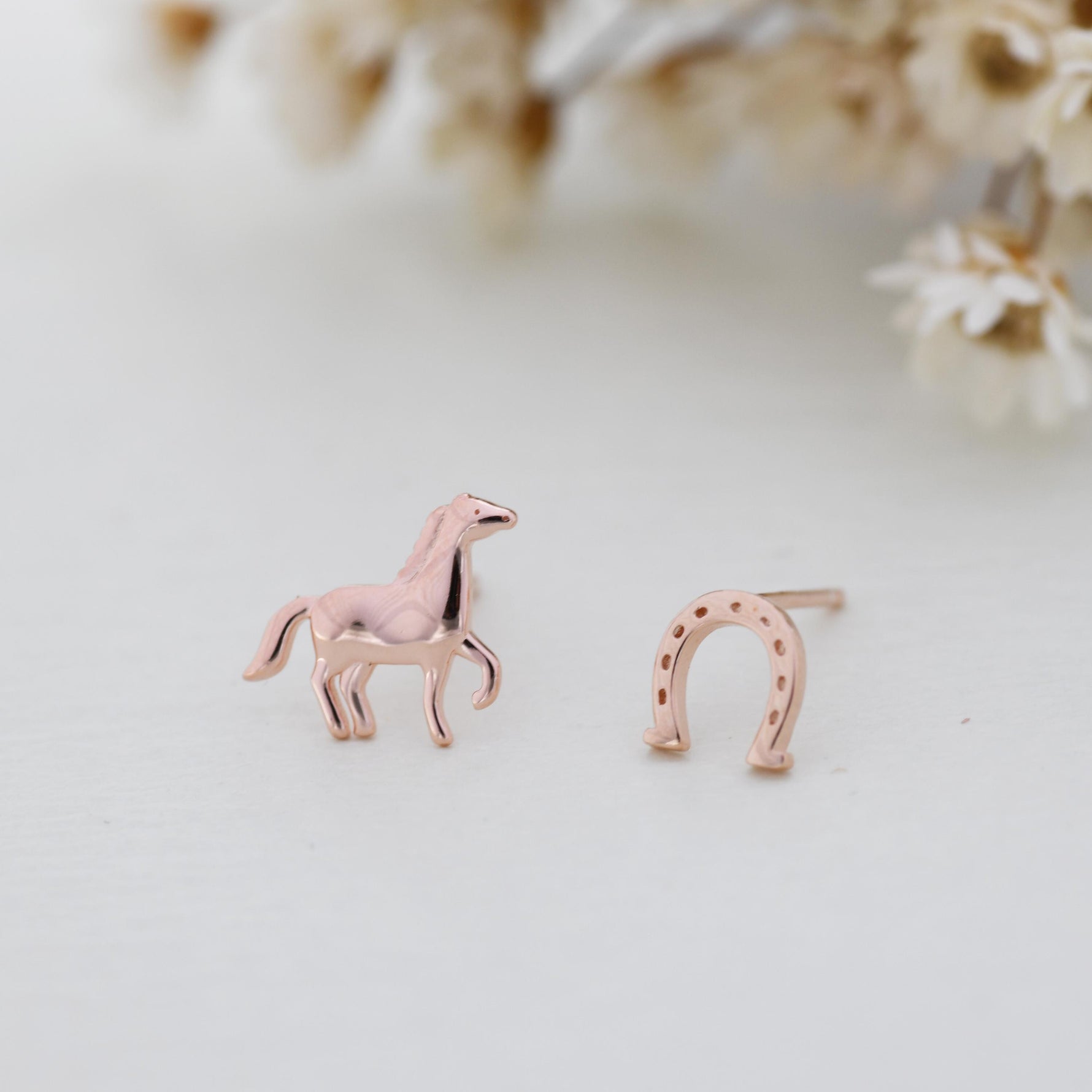 Very Tiny Mismatched Running Horse and Horseshoe Stud Earrings in Sterling Silver, Asymmetric Horse Shoe Stud, Horse Shoe Earrings