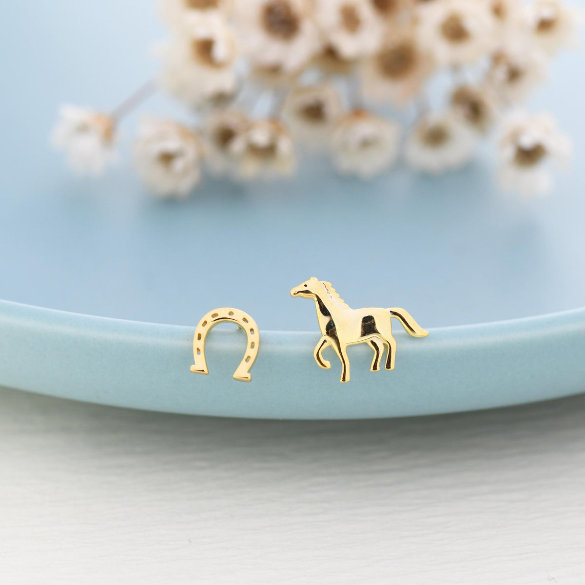 Very Tiny Mismatched Running Horse and Horseshoe Stud Earrings in Sterling Silver, Asymmetric Horse Shoe Stud, Horse Shoe Earrings