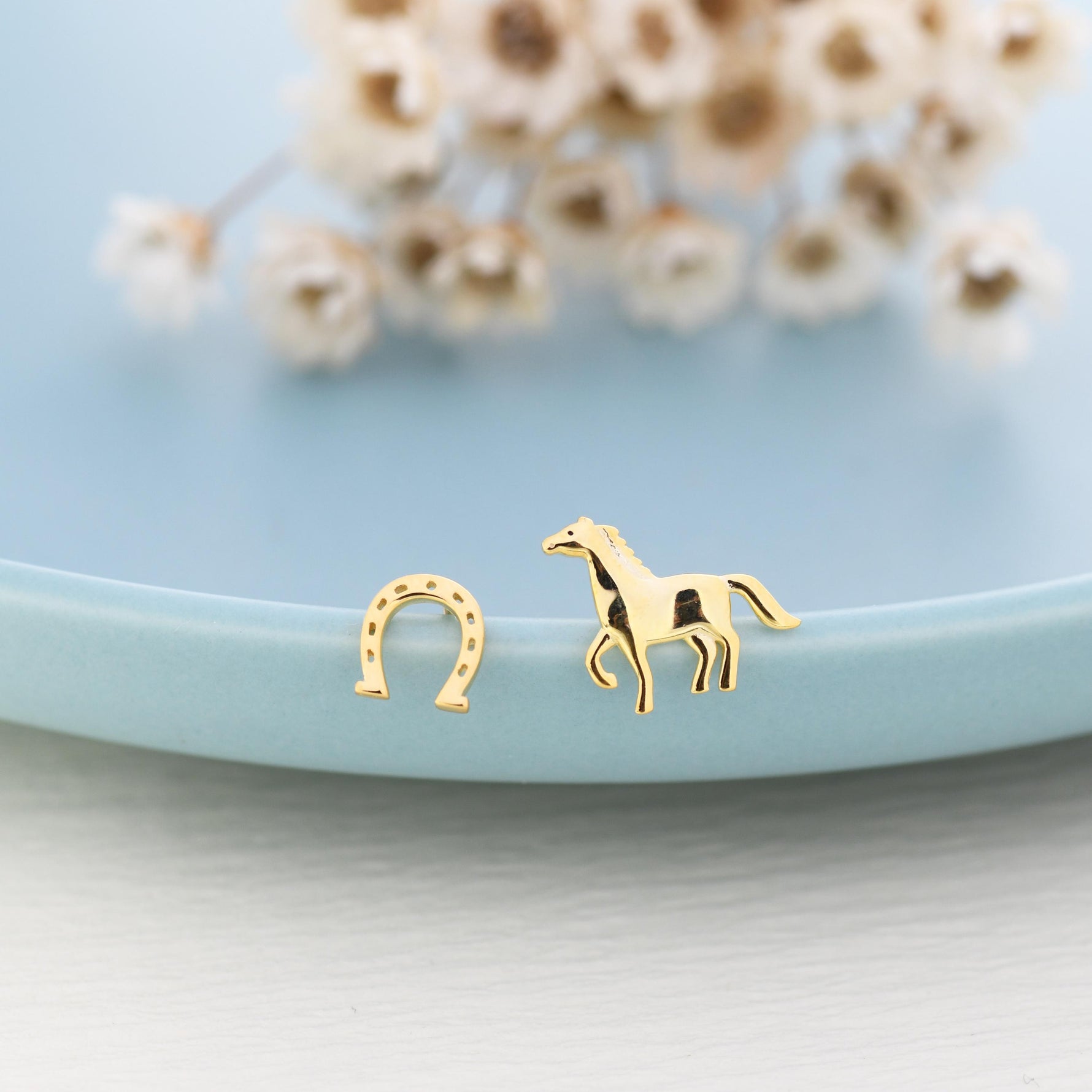 Very Tiny Mismatched Running Horse and Horseshoe Stud Earrings in Sterling Silver, Asymmetric Horse Shoe Stud, Horse Shoe Earrings