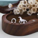 Very Tiny Mismatched Running Horse and Horseshoe Stud Earrings in Sterling Silver, Asymmetric Horse Shoe Stud, Horse Shoe Earrings