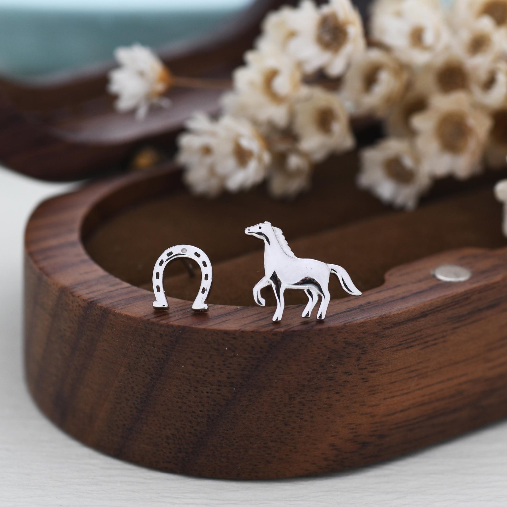Very Tiny Mismatched Running Horse and Horseshoe Stud Earrings in Sterling Silver, Asymmetric Horse Shoe Stud, Horse Shoe Earrings