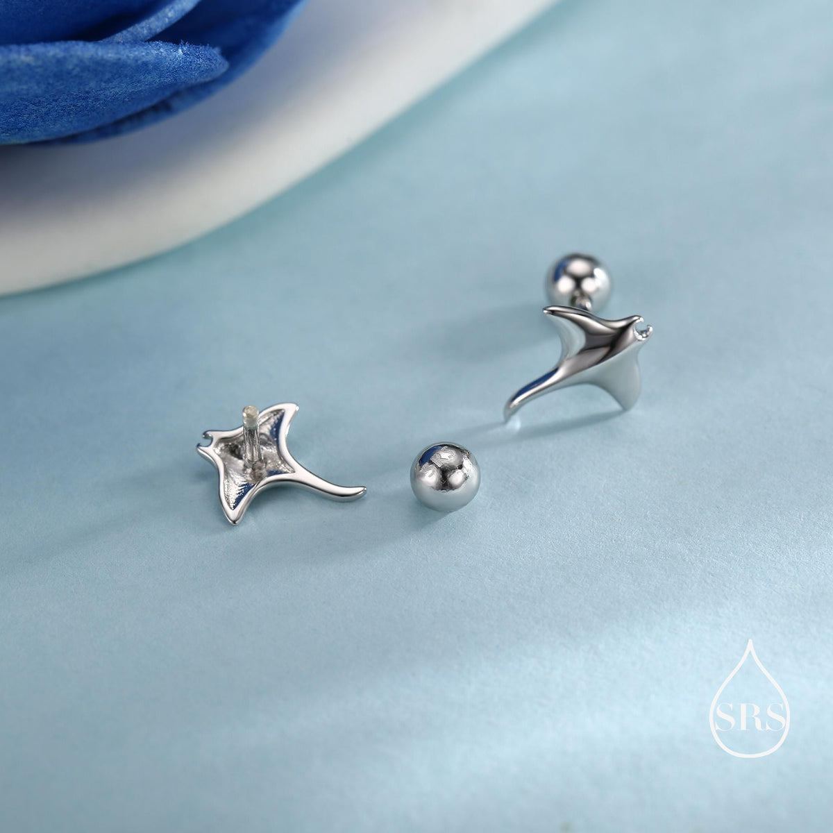 Sterling Silver Manta Ray 18G Screw Back Earrings, Silver, Animal Earrings