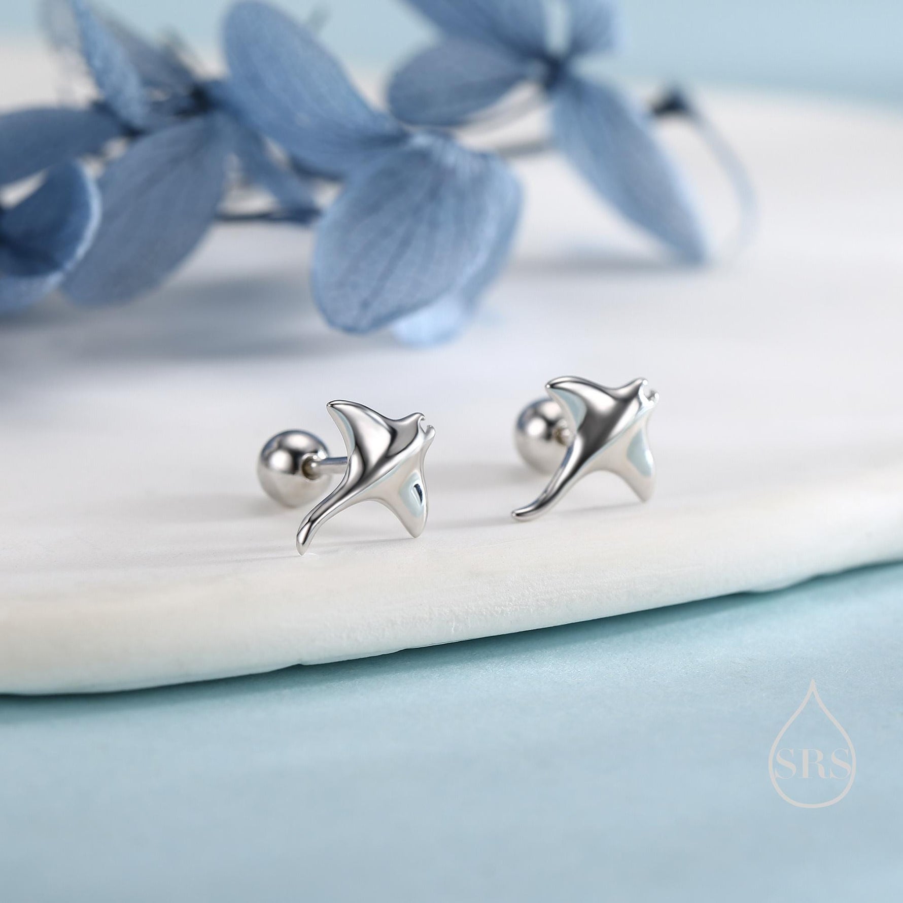 Sterling Silver Manta Ray 18G Screw Back Earrings, Silver, Animal Earrings