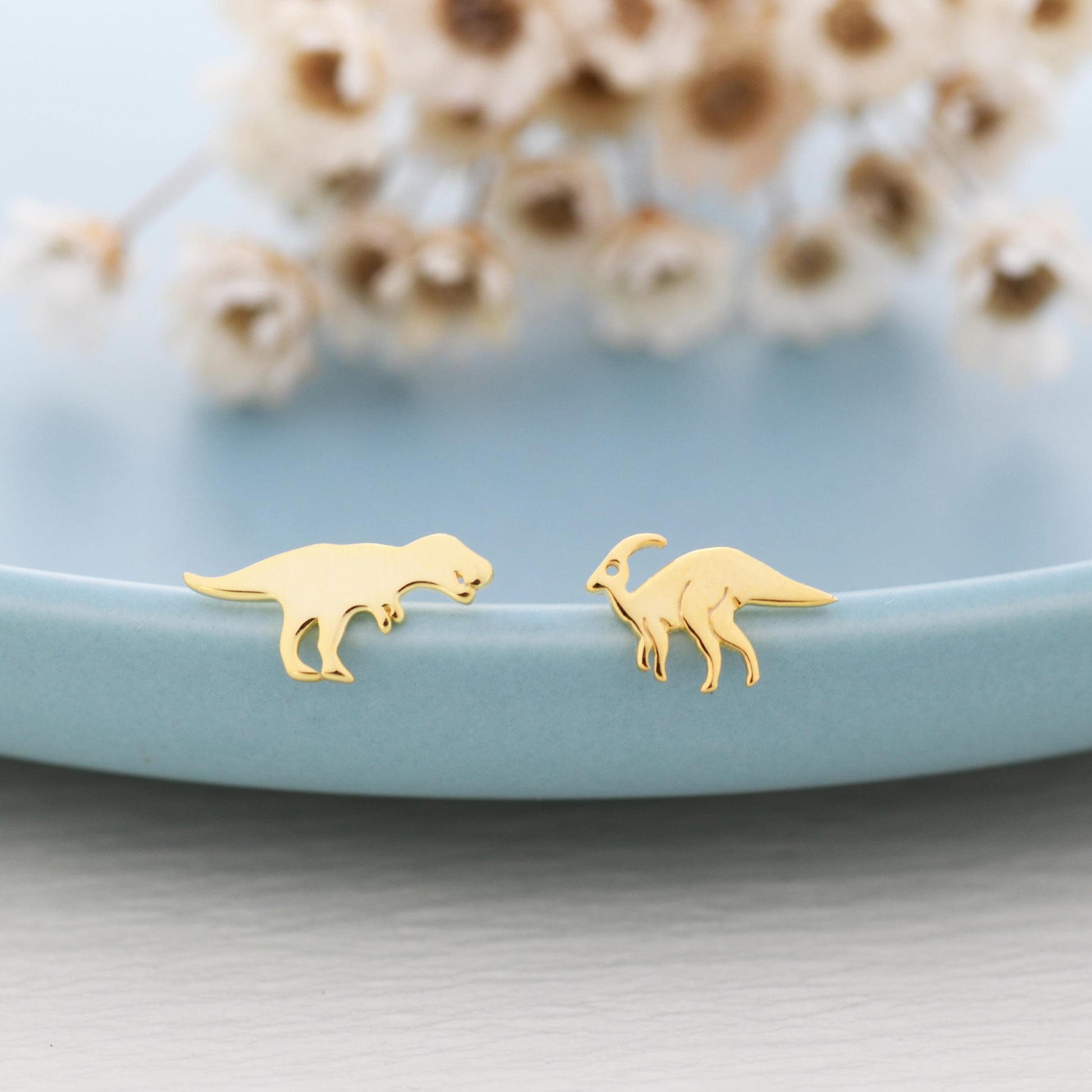 Mismatched T-Rex Tyrannosaurus Dinosaur Stud Earrings in Sterling Silver, Silver or Gold, Asymmetric Parasaurolophus and T Rex Jewellery