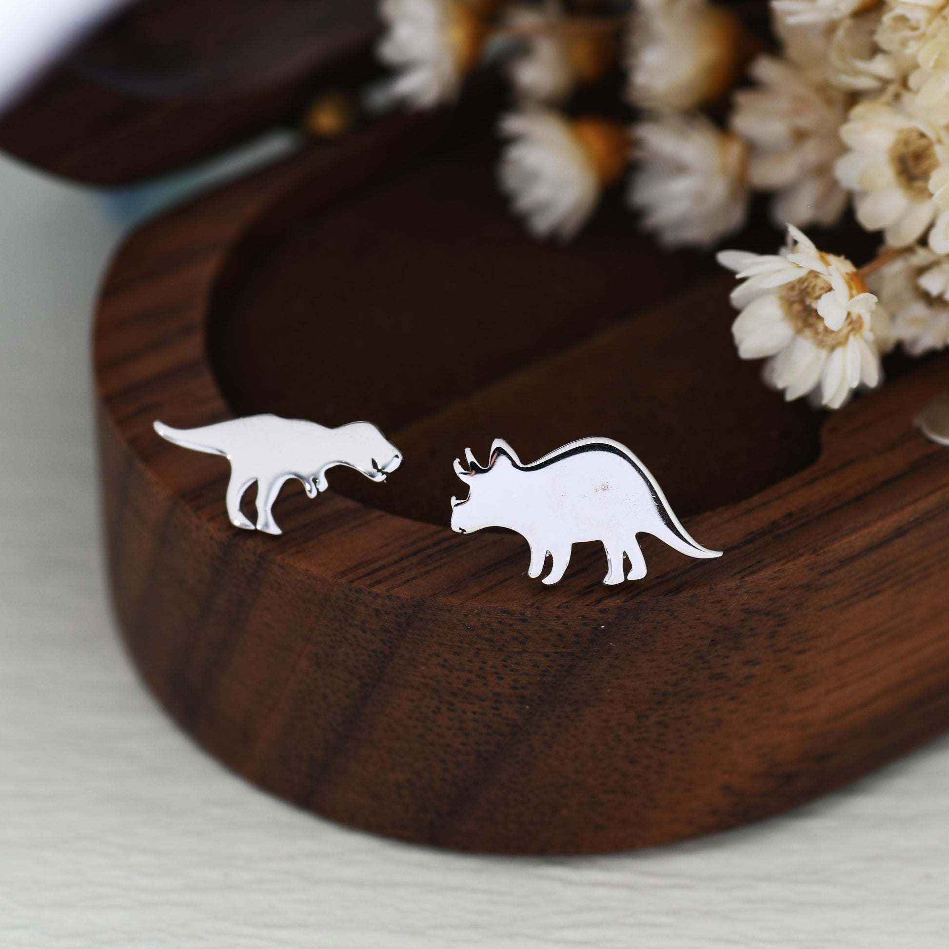Mismatched T-Rex Tyrannosaurus and Triceratops Dinosaur Stud Earrings in Sterling Silver, Asymmetric Triceratops and T Rex