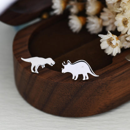Mismatched T-Rex Tyrannosaurus and Triceratops Dinosaur Stud Earrings in Sterling Silver, Asymmetric Triceratops and T Rex