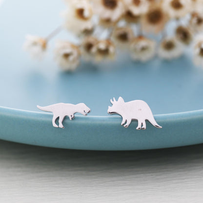 Mismatched T-Rex Tyrannosaurus and Triceratops Dinosaur Stud Earrings in Sterling Silver, Asymmetric Triceratops and T Rex