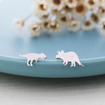Mismatched T-Rex Tyrannosaurus and Triceratops Dinosaur Stud Earrings in Sterling Silver, Asymmetric Triceratops and T Rex
