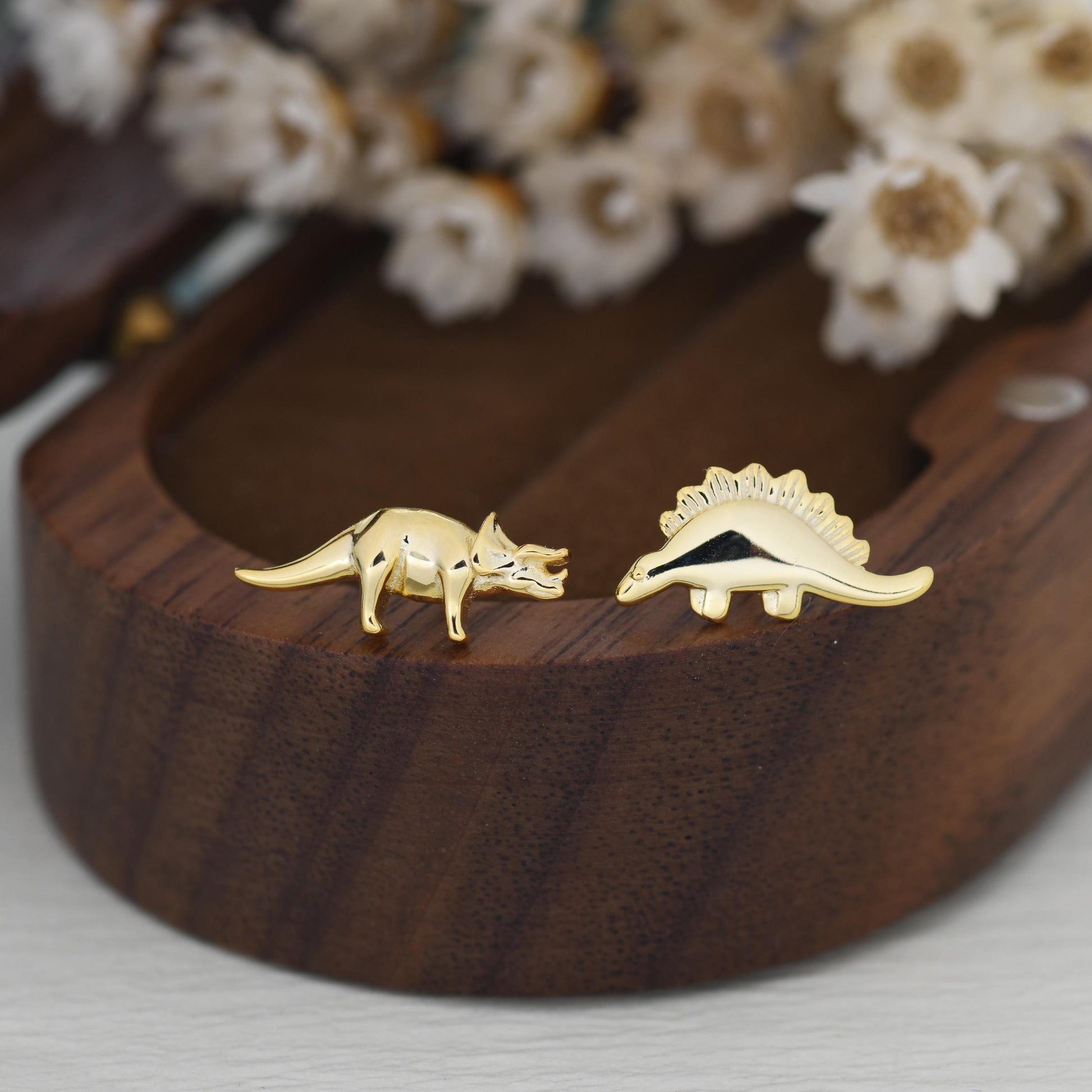 Mismatched Stegosaurus and Triceratops Dinosaur Stud Earrings in Sterling Silver, Asymmetric Dinosaur Earrings, Gold or Rose Gold