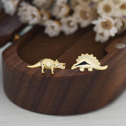 Mismatched Stegosaurus and Triceratops Dinosaur Stud Earrings in Sterling Silver, Asymmetric Dinosaur Earrings, Gold or Rose Gold
