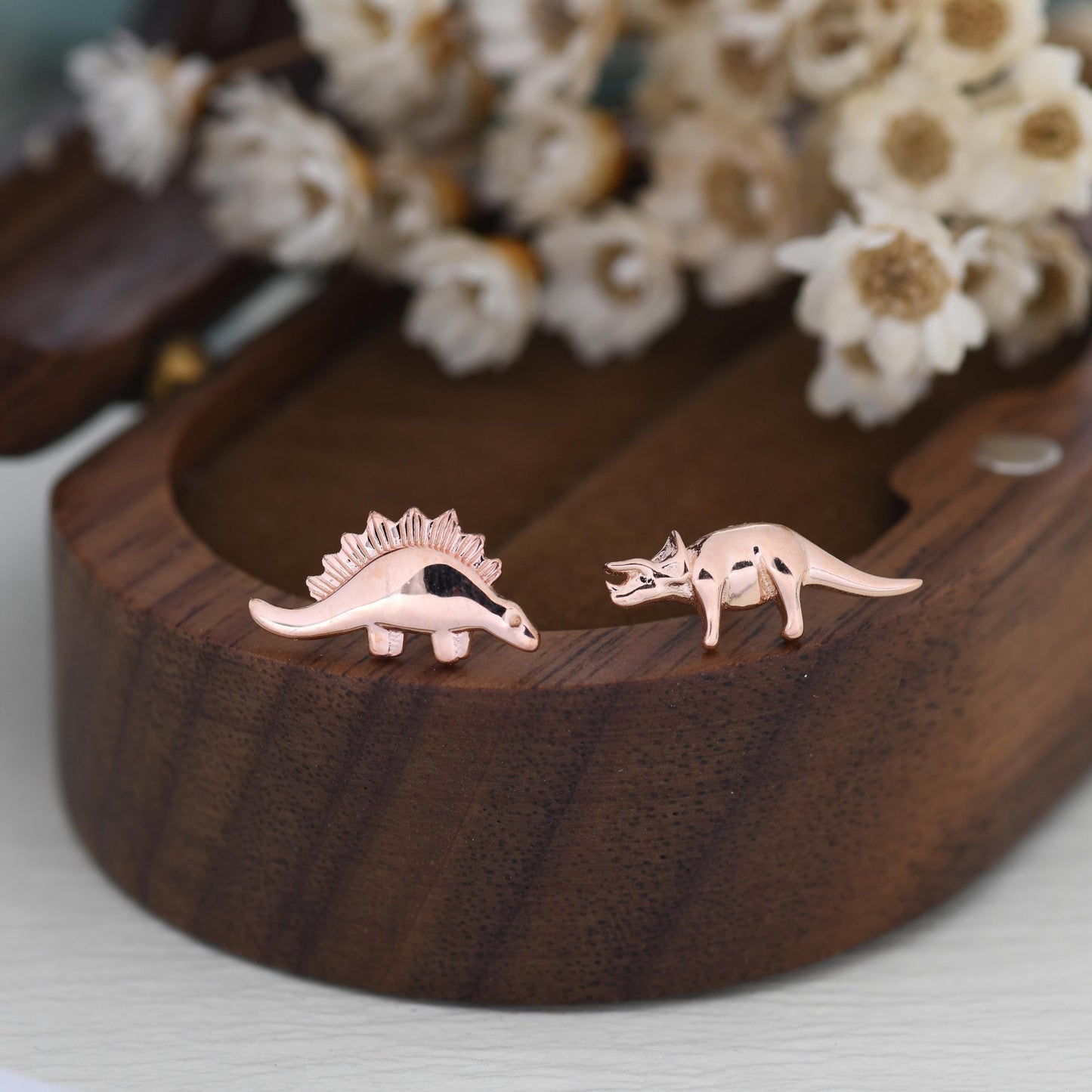 Mismatched Stegosaurus and Triceratops Dinosaur Stud Earrings in Sterling Silver, Asymmetric Dinosaur Earrings, Gold or Rose Gold