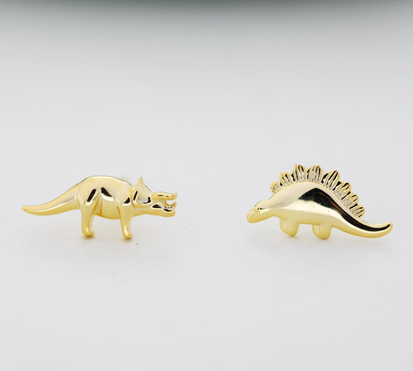 Mismatched Stegosaurus and Triceratops Dinosaur Stud Earrings in Sterling Silver, Asymmetric Dinosaur Earrings, Gold or Rose Gold