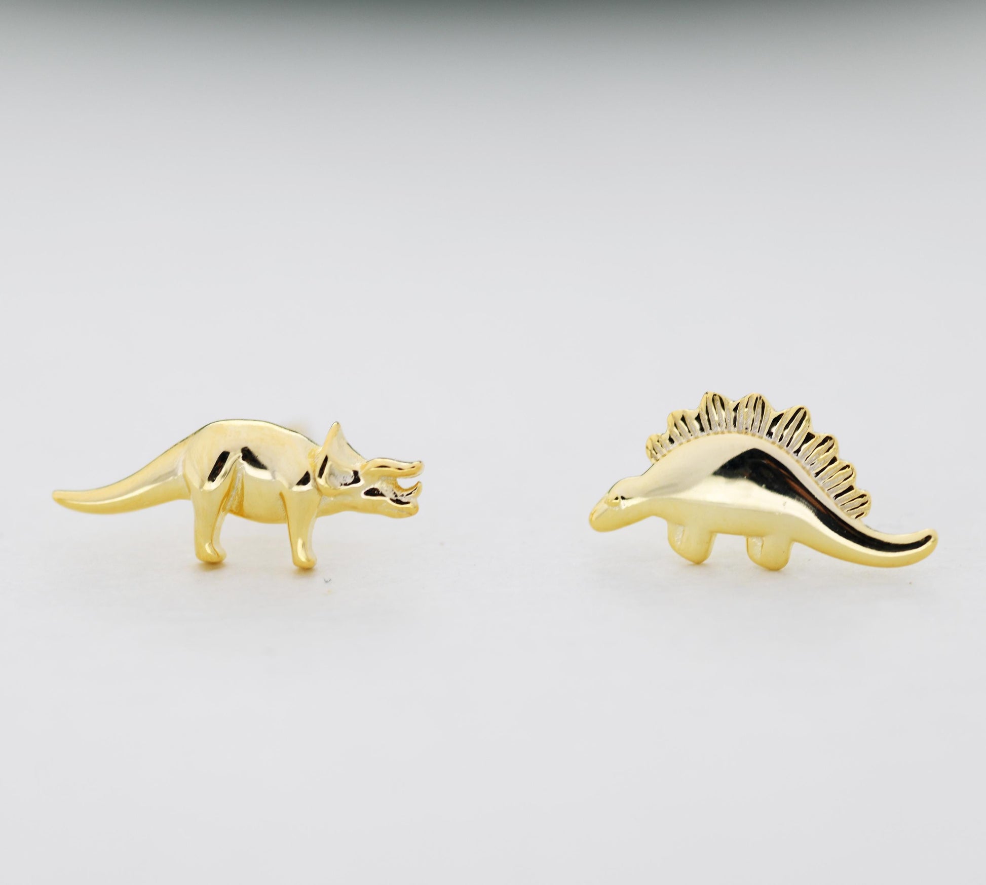 Mismatched Stegosaurus and Triceratops Dinosaur Stud Earrings in Sterling Silver, Asymmetric Dinosaur Earrings, Gold or Rose Gold
