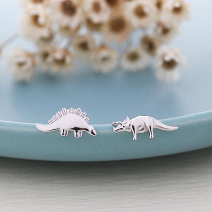 Mismatched Stegosaurus and Triceratops Dinosaur Stud Earrings in Sterling Silver, Asymmetric Dinosaur Earrings, Gold or Rose Gold