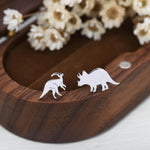 Mismatched Parasaurolophus and Triceratops Dinosaur Stud Earrings in Sterling Silver, Asymmetric Dinosaur Earrings