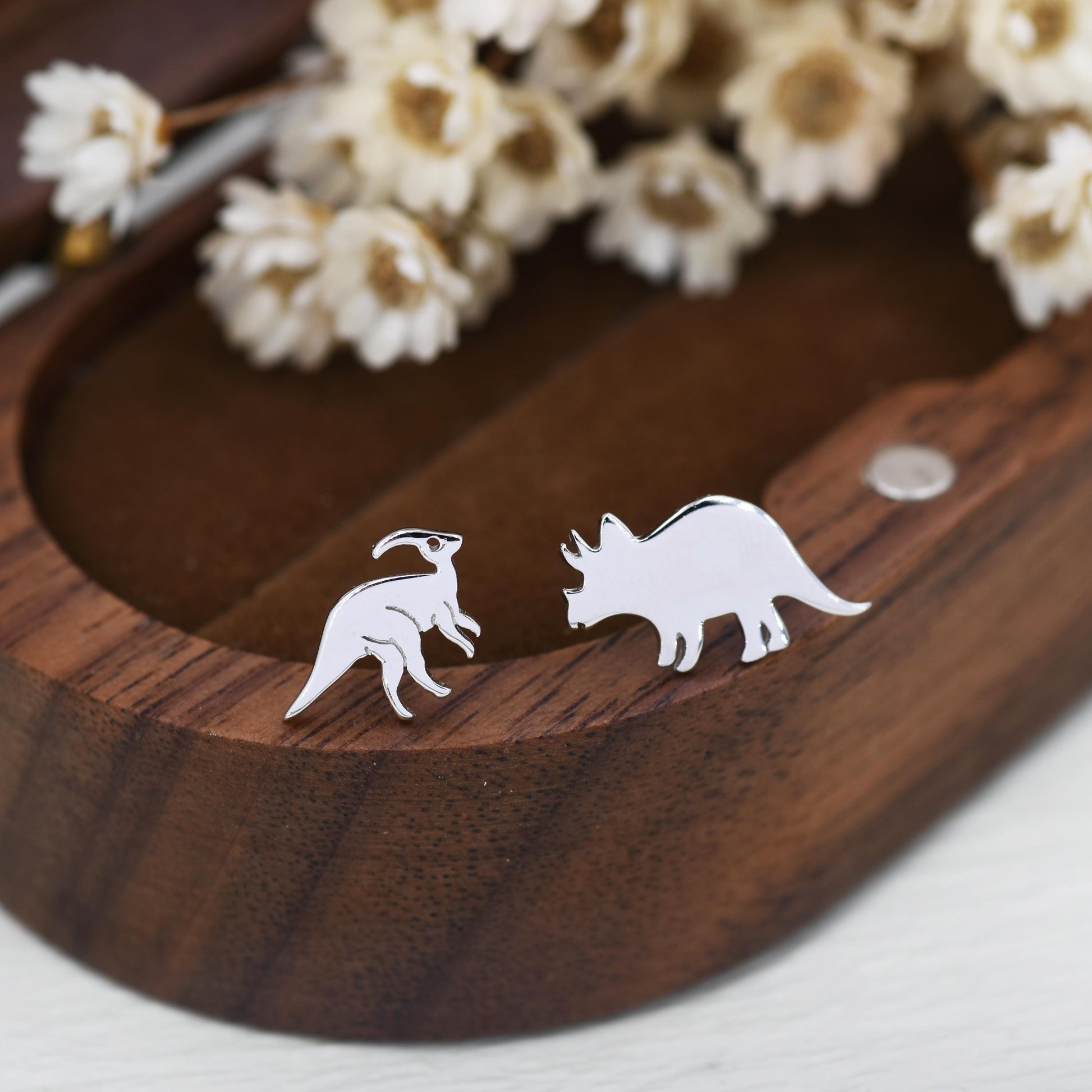 Mismatched Parasaurolophus and Triceratops Dinosaur Stud Earrings in Sterling Silver, Asymmetric Dinosaur Earrings