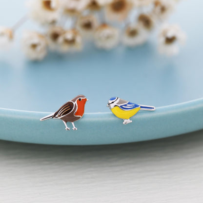 Mismatched Robin Bird and Blue Tit Bird Stud Earrings in Sterling Silver, Asymmetric Enamel Bird Earrings, Silver or Gold
