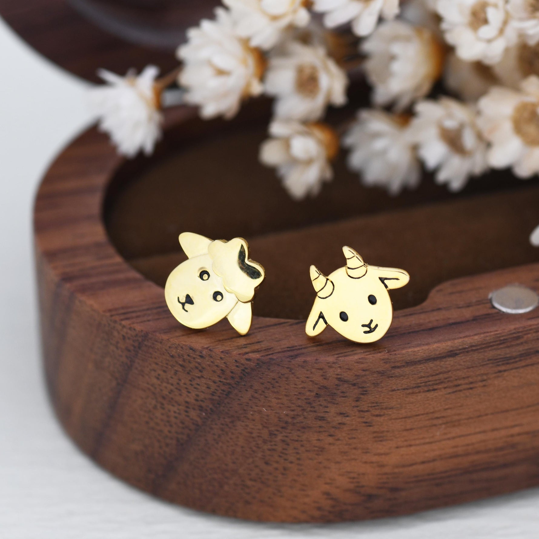 Mismatched Baby Goat and Sheep Stud Earrings in Sterling Silver, Silver or Gold, Asymmetric Baby Sheep Stud Earrings, Farm Earrings