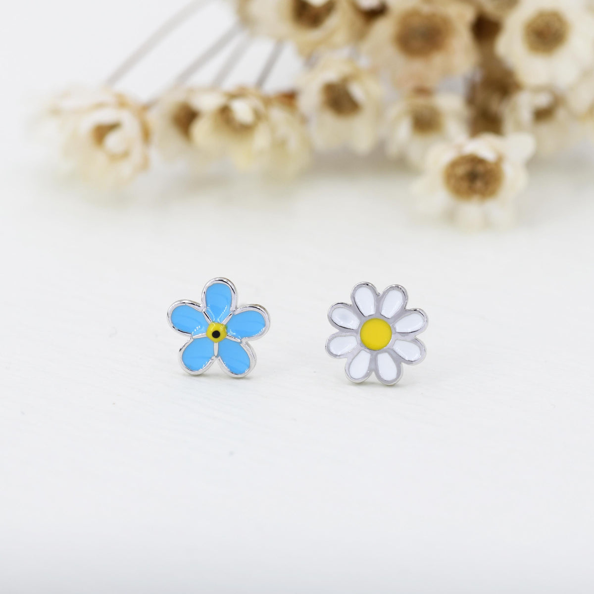 Mismatched Enamel Daisy and Forget Me Not Flower Stud Earrings in Sterling Silver, Asymmetric Forget me not and Daisy Flower Earrings,