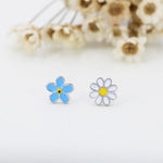 Mismatched Enamel Daisy and Forget Me Not Flower Stud Earrings in Sterling Silver, Asymmetric Forget me not and Daisy Flower Earrings,