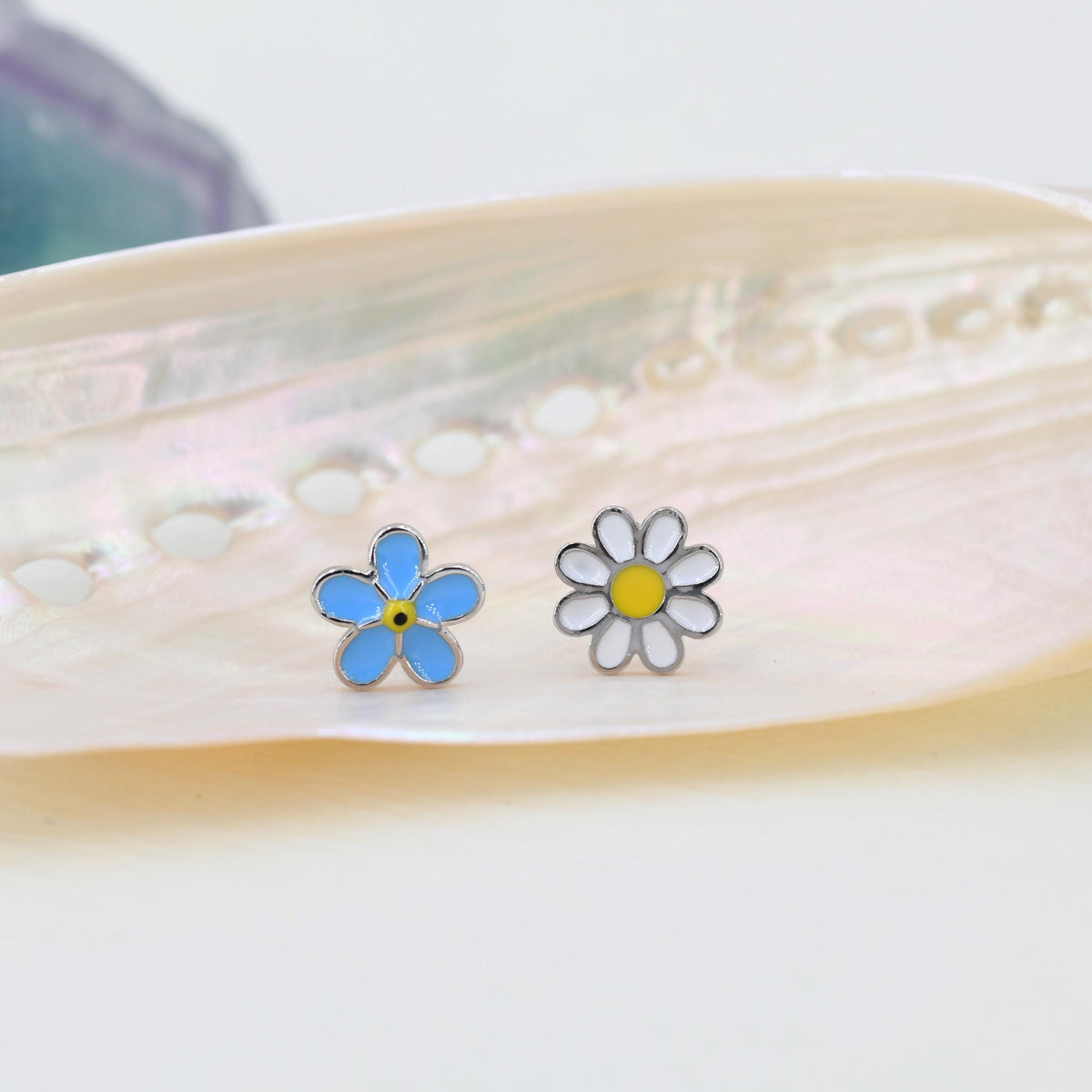 Mismatched Enamel Daisy and Forget Me Not Flower Stud Earrings in Sterling Silver, Asymmetric Forget me not and Daisy Flower Earrings,